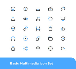 vector illustration of basic multimedia line icon set. modern and minimalist design. good for web design, landing page, mobile apps, user interface, and social media design.