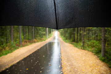Black umbrella in rainy weather in autumn. Autumn concept.