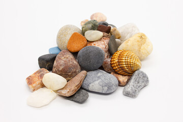 Colorful sea pebbles isolated on white background