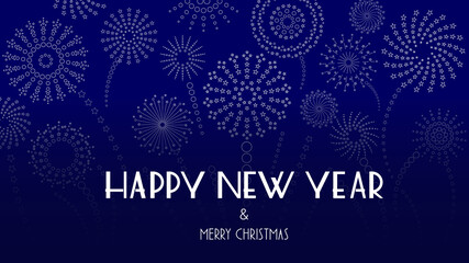 Merry Christmas and Happy New Year greetings on a festive blue background with various fireworks. Vector illustration © Andrii