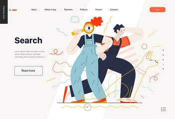 Business topics -search, web template, header. Flat style modern outlined vector concept illustration. Young man looking forward and a woman with magnifying glass looking through it. Business metaphor