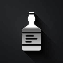 Silver Tequila bottle icon isolated on black background. Mexican alcohol drink. Long shadow style. Vector.