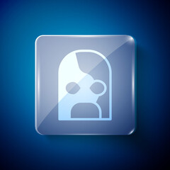 White Mexican wrestler icon isolated on blue background. Square glass panels. Vector.