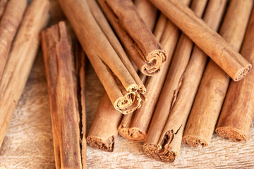 True or Ceylon cinnamon sticks on a table