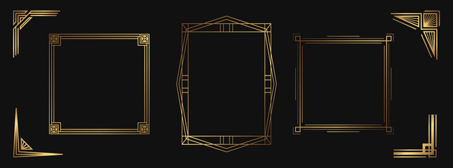 Set of golden decorative elements. Isolated art deco frames and borders