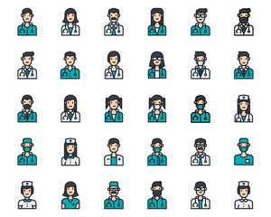 Avatar doctor people icons line color vector, medical, stethoscope, nurse