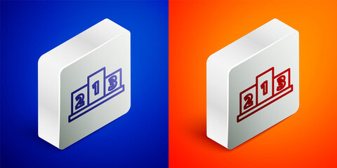 Isometric line Award over sports winner podium icon isolated on blue and orange background. Silver square button. Vector Illustration.