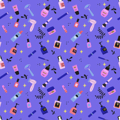 colorful hand drawn seamless cosmetics pattern for packaging, illustration, banner, online shopping. Make up collection for shop, spa and visage. Decorative cosmetics, makeup tools and accessory 