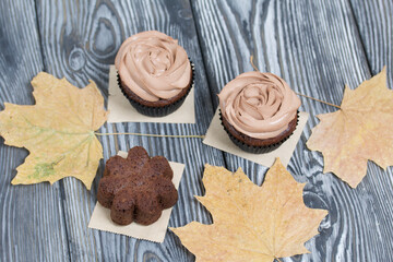 Chocolate cupcakes with cream cheese cream. Nearby are dried maple leaves. On pine planks painted black and white.