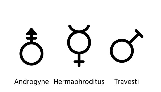 Gender symbols. Vector. Androgyne, hermaphroditus and travesti orientation signs. Set outline black icons isolated on white background. Simple illustration. Sexual concept.