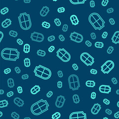 Green line Shield icon isolated seamless pattern on blue background. Guard sign. Security, safety, protection, privacy concept. Vector.