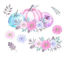 Watercolor pastel delicate pumpkins with floral decoration. Thanksgiving Halloween