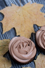 Chocolate cupcakes with cream cheese cream. Nearby are dried maple leaves. On pine planks painted black and white.