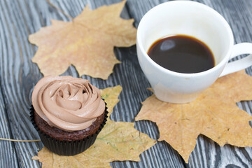 Chocolate cupcakes with cream cheese cream. Nearby is a cup of coffee and dried maple leaves. On pine planks painted black and white.