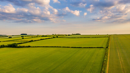 Aerial view across fields to the horizon in Oxfordshire