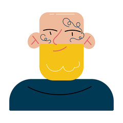 Man with beard with tattoo on skulls and forehead on face