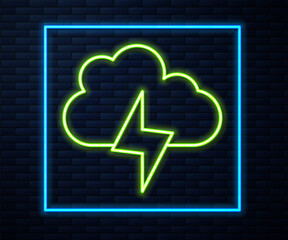 Glowing neon line Storm icon isolated on brick wall background. Cloud and lightning sign. Weather icon of storm. Vector.