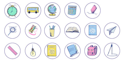 Vector set of school icons for stickers in a circle on a white isolated background.