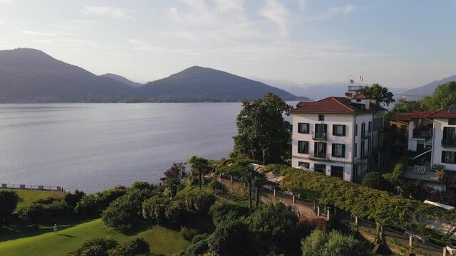Establishing Wide Aerial Drone Shot Revealing The Beautiful Mountain Range Near Lake Maggiore Italy