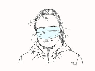 Vector sketch of teenage girl with medical mask covered her eyes and nose, Quarantine, Pandemic, Coronavirus prevention. Hand drawn illustration