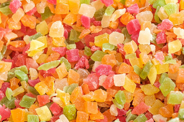 candied fruits of different colors in large quantities for the entire close-up photo