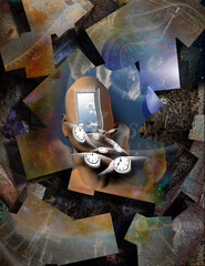 Surrealism. Man's head with opened door to another world. Winged clocks symbolizes flow of time. 3D rendering