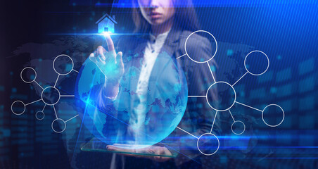 Business, Technology, Internet and network concept. Young businessman working on a virtual screen of the future and sees the inscription: