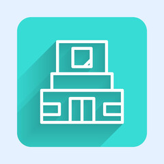 White line Mausoleum of Lenin icon isolated with long shadow. Russia architecture landmarks, sightseeing places. Royal Citadel at Red Square, Moscow. Green square button. Vector.