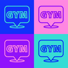 Pop art line Location gym icon isolated on color background. Vector.