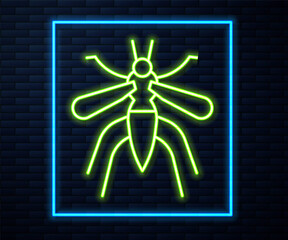 Glowing neon line Mosquito icon isolated on brick wall background. Vector.