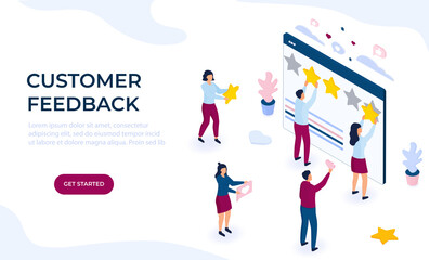 Customer feedback. Online review. Rating flat vector concept. Isometric tiny people cling stars to the huge web page