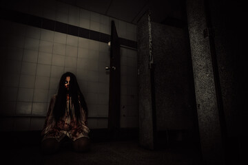 Portrait of asian woman make up ghost face,Horror scene for wallpaper,Scary Halloween festival concept