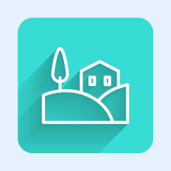 White line Village landscape icon isolated with long shadow. Green square button. Vector.