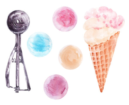 Watercolor image of tools for sweet baking. Ice cream and ice cream spoon