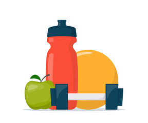 Fitness, sport, diet and healthy lifestyle composition. Training equipment. Sport and gym concept illustration. Vector illustration in flat style.