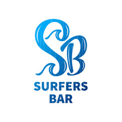 Surfers bar vector logo for business card, ad, menu. Logotype template for beach place or surf shack. Brand identity for cafe stand or coast bistro. Cool design for sport snack bar or tropical lounge.