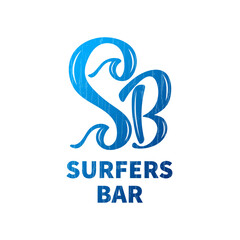 Obraz premium Surfers bar vector logo for business card, ad, menu. Logotype template for beach place or surf shack. Brand identity for cafe stand or coast bistro. Cool design for sport snack bar or tropical lounge.