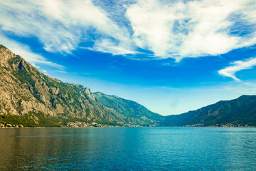 Fototapeta na wymiar View of the Bay of Kotor from Perast, travel around Montenegro by bus