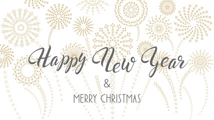 Merry Christmas and Happy New Year greetings on a white background with various fireworks. © Andrii