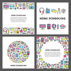 Obraz premium Set of cards with lettering and doodle colored education, e-learning icons including computer, phone, ruler, globe, divider, lamp, headphones, calculator, hourglass, etc isolated on grey background.