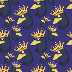 Seamless pattern illustration image in cartoon style Doodle head of a blue crow in a Golden crown on a purple background, bird, for prints, fabrics, textiles. websites, postcards, backgrounds