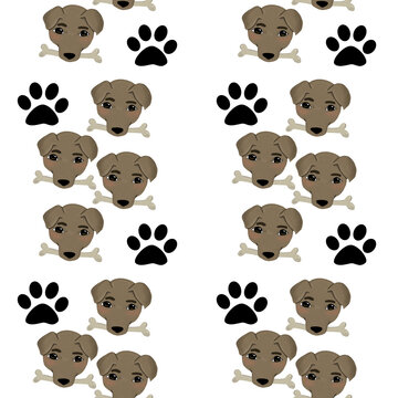 Seamless pattern illustration image in cartoon style Doodle brown dog heads with bone and black paws on a white background, animals, for prints, fabrics, textiles. websites, postcards, backgrounds