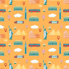 Travel composition with famous world landmarks. Seamless pattern. Vector