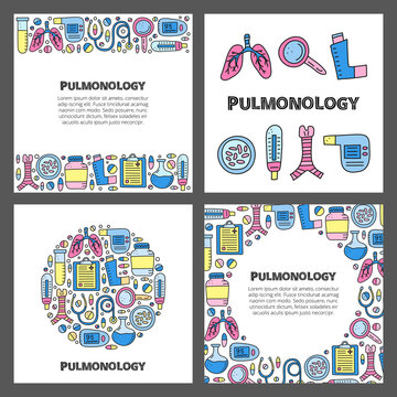 Set of cards with lettering and doodle colored pulmonology items, including lungs, trachea, spirometer, loupe, bacteria, pulse oximeter, pick flow meter, pocket inhaler isolated on white background.
