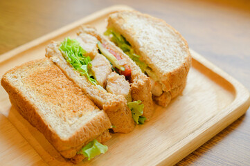 Healthy sandwich with whole grain bread, tomato, lettuce,  onion, pepper and chicken.