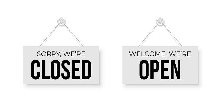 Closed and open white signboards hanged on suction cup. Rectangular shape clipboard for retail, shop, store, cafe, bar, restaurant. Announcement template with opportunity to visit on white background.