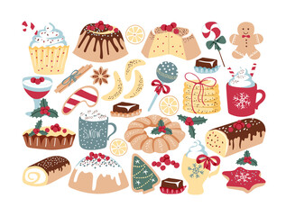 Vector set of holiday sweets. Set of lollipops, rolls, cupcakes, sweet drinks, cookies, cinnamon, anise, chocolates, gingerbread, jelly