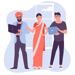 Multicultural teamwork illustration. Flat desogn vector cartoon characters of people of different nationalities and religion. Multinational society an diversity concept.