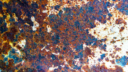 Rust and corrosion of old metal painted with white paint interspersed with turquoise spots .Corrosion of metals.Metal rust.Corrosive rust on old iron.Use as an illustration for your presentation.