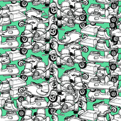 VECTOR ILLUSTRATION SEAMLESS PATTERN MOPEDS PAINTED BY BLACK LEADER ON A GREEN BACKGROUND,MOTORCYCLE DRIVER COURIER
